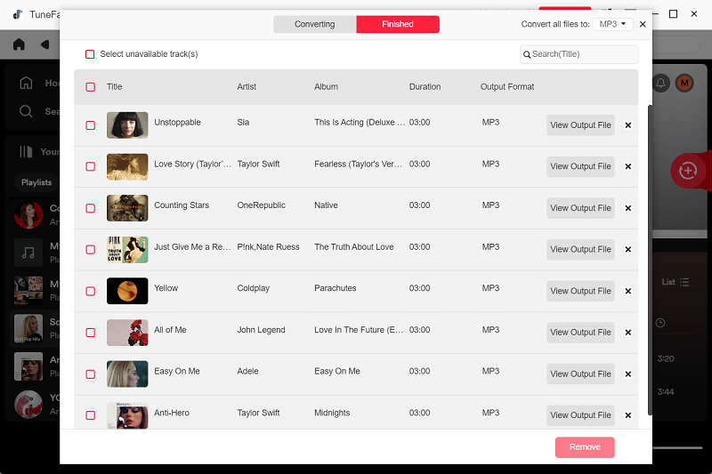 TuneFab 올인원 음악 변환기에서 음악을 MP3로 변환 완료