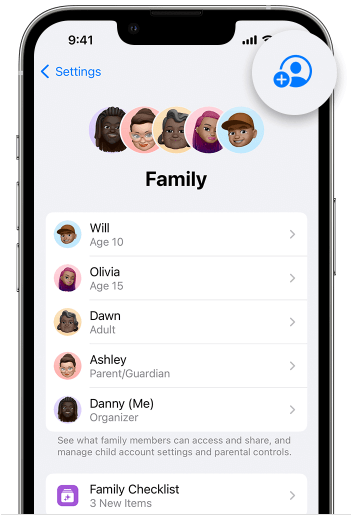 Добавить членов семьи в приложении настроек iPhone