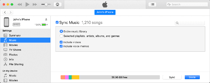 Pagina di musica di sincronizzazione di iTunes