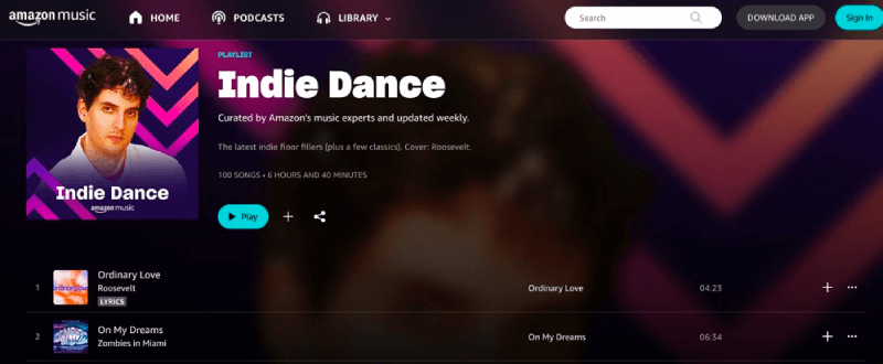 Lista de reprodução de dança indie no Amazon Music