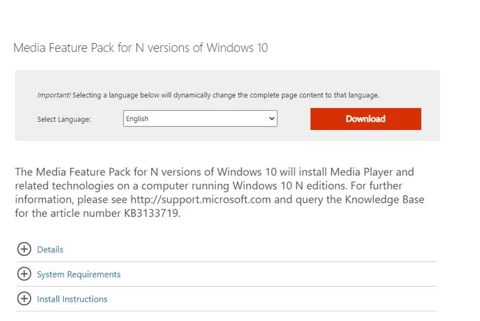 قم بتثبيت Media Feature Pack لإصدارات N من Windows 10