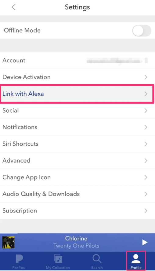 Collegamento con Alexa sull'app Pandora su iOS
