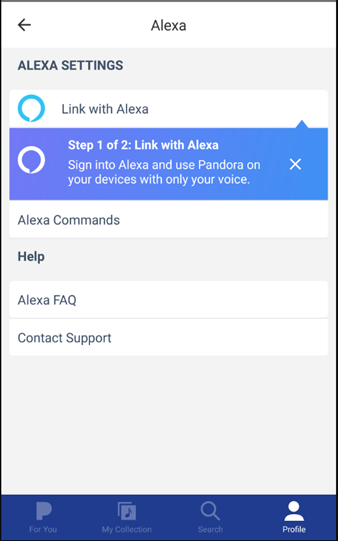 Link com Alexa no Pandora no Android