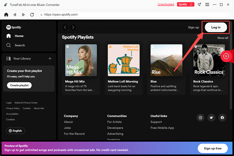 Войдите в Spotify в универсальном музыкальном конвертере TuneFab.
