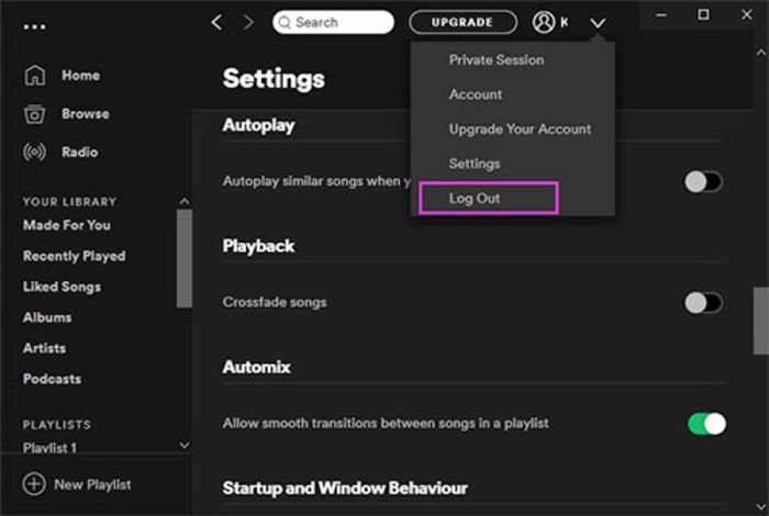Log out Spotify Account on Desktop