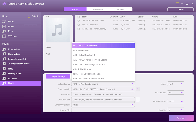 Modifique la configuración personal para convertir música de iTunes