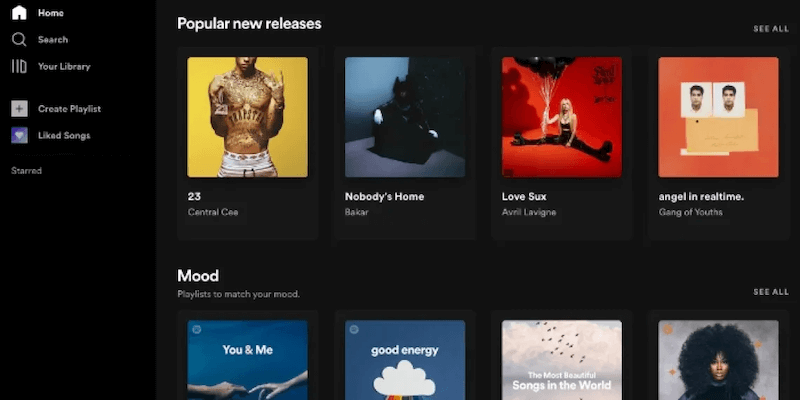 Recomendações de música no Spotify Web Player