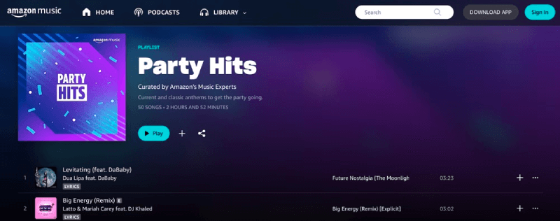 Party Hits Playlist on Amazon Music