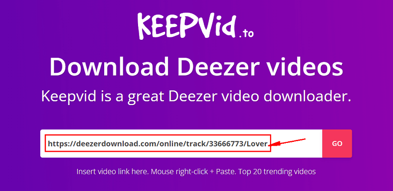 将 Deezer URL 粘贴到 Keepvid 网站上