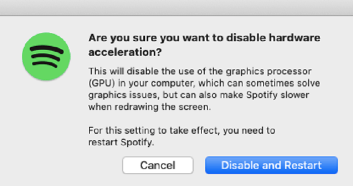 Prompt Window of Disabling Spotify Hardware Acceleration