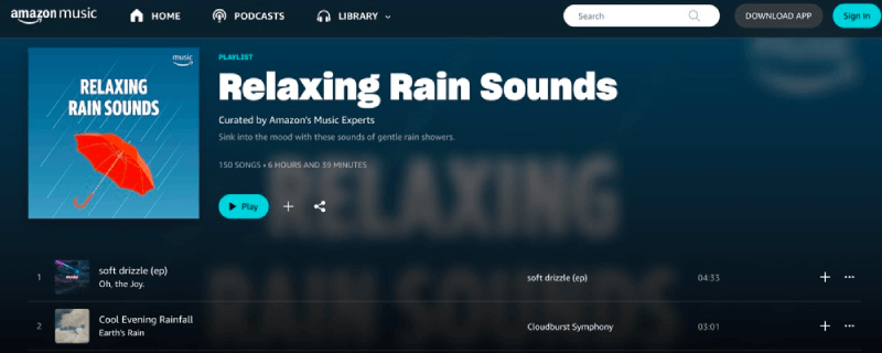 Playlist di suoni rilassanti della pioggia su Amazon Music