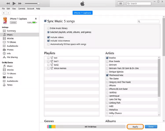 Click Apply to Sync Songs to iPhone on iTunes