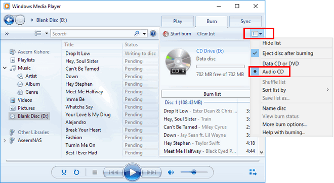 Выберите аудио компакт-диск в WMP