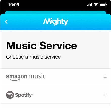 Выберите музыкальный сервис Spotify в приложении Mighty.