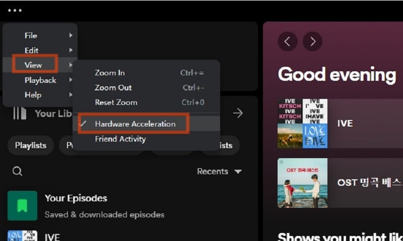 Seleccione Aceleración de hardware de Spotify en el menú Ver
