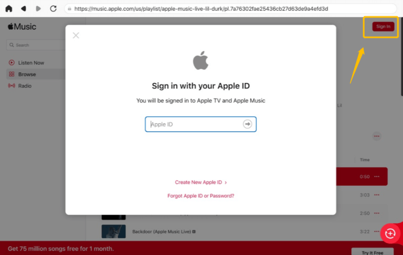 Sign in Apple Music Web Palyer