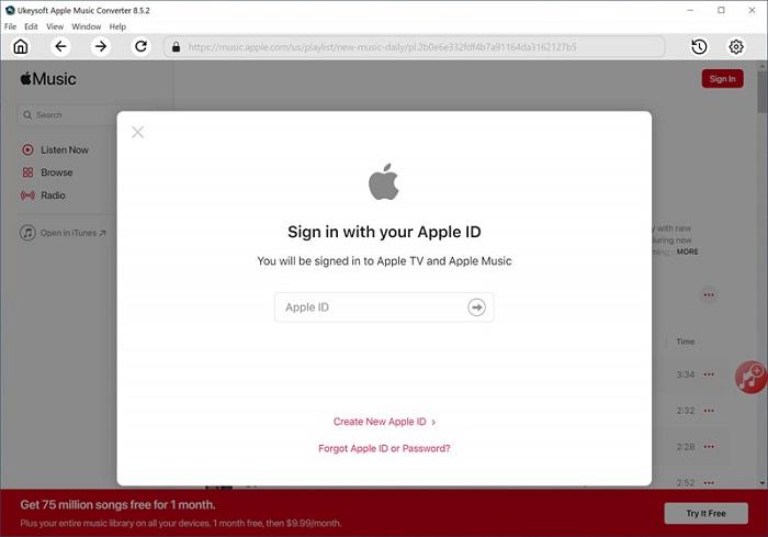 Войдите в Apple ID на UkeySoft