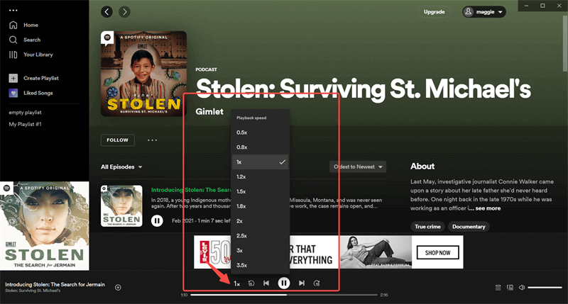 Spotify cambia la velocità di riproduzione del podcast