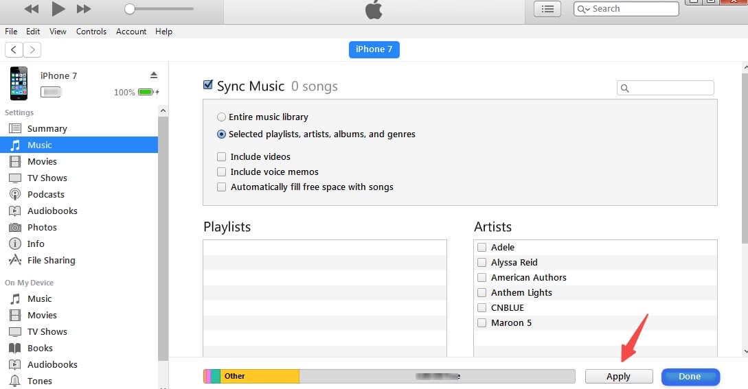 iTunes 上同步音乐的界面