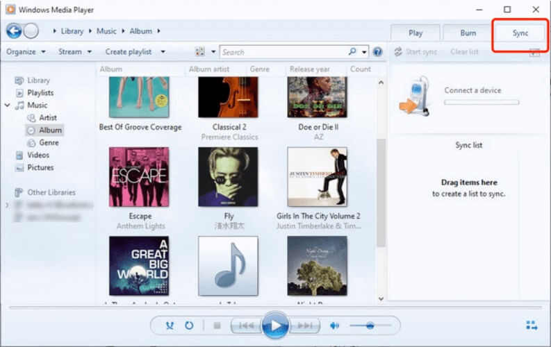 مزامنة الموسيقى من خلال Windows Media Player