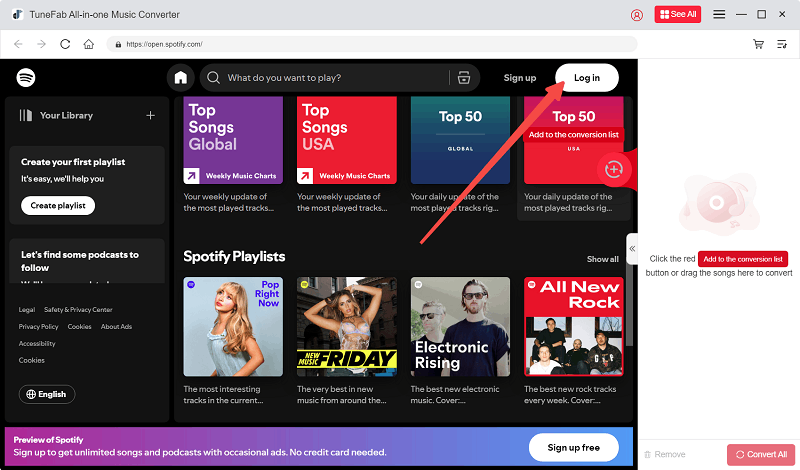 Interface de login do TuneFab Spotify Converter