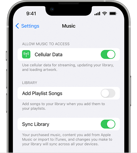 Ative a alternância de sincronização da biblioteca no iPhone