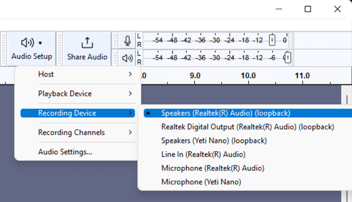 Ajuste as configurações de gravação no Audacity