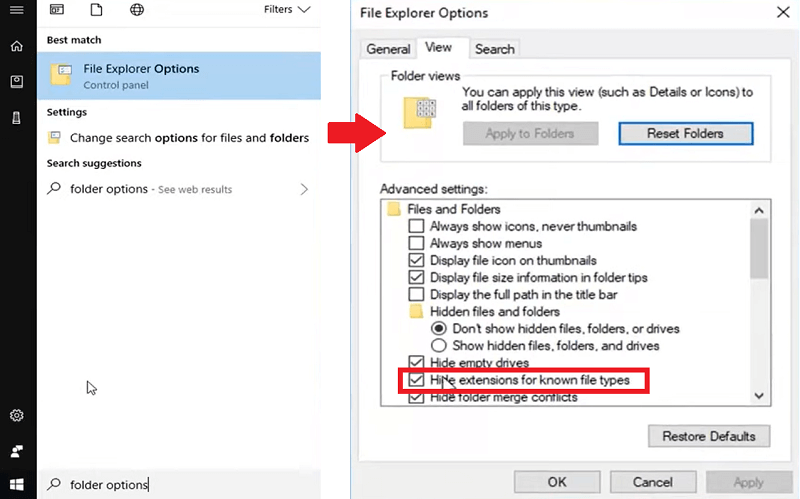 Снимите флажок Скрыть расширение для файлов