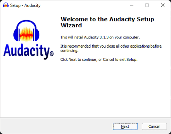 Página de boas-vindas do Audacity