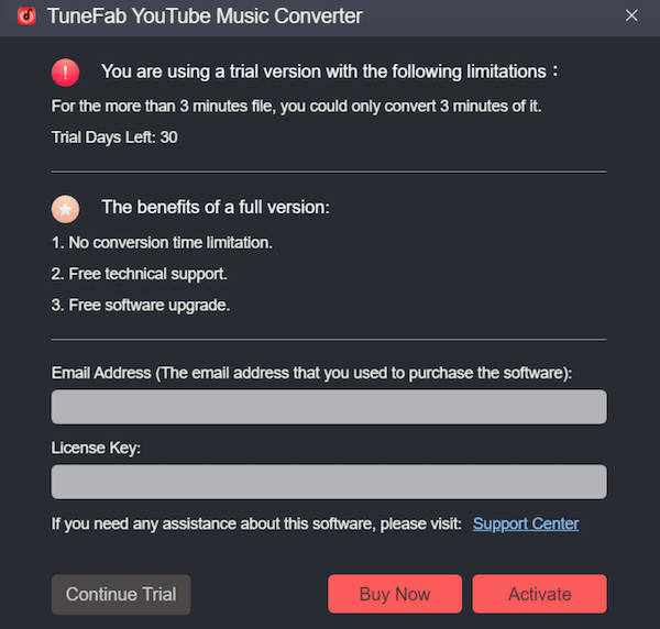 Limitaciones de la prueba gratuita de TuneFab YouTube Music Converter