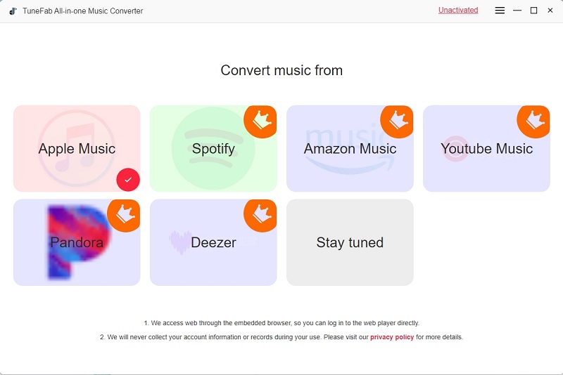 Selecione o serviço de música para fazer login